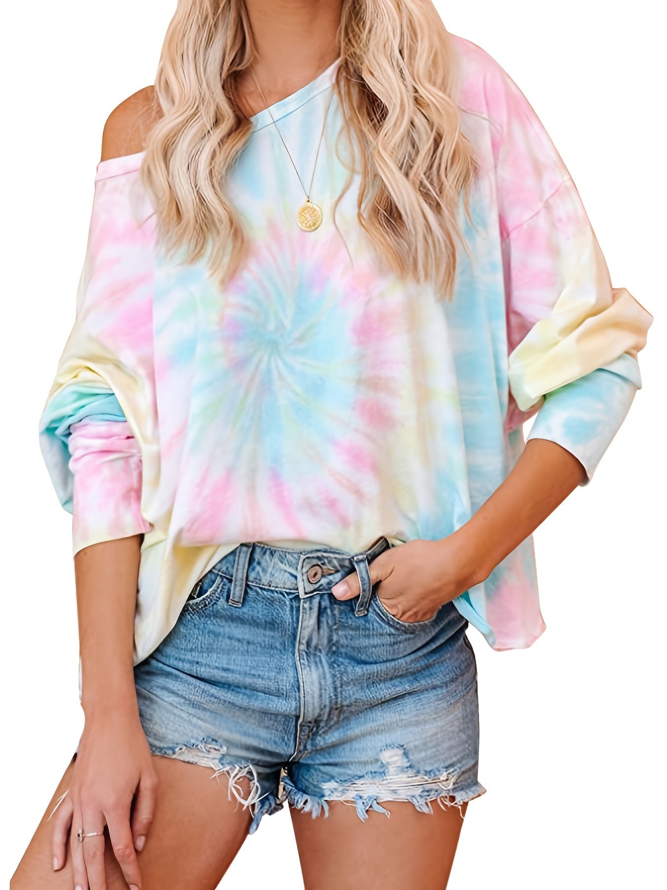 Women's Tie Dye Print Crew Neck T-Shirt, Casual Long Sleeve T-Shirt, Casual Every Day Tops, Women's  RA1013