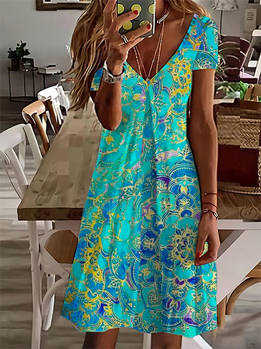 V Neck Casual Short Sleeve Printed Dress  QM78