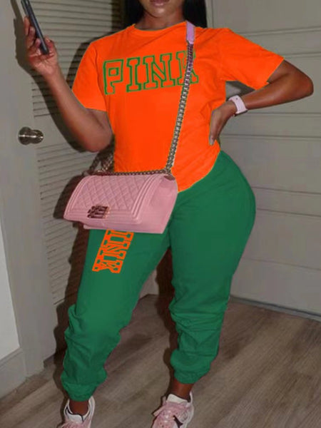 Plus Size Pink Letter Print Pants Set AR5051