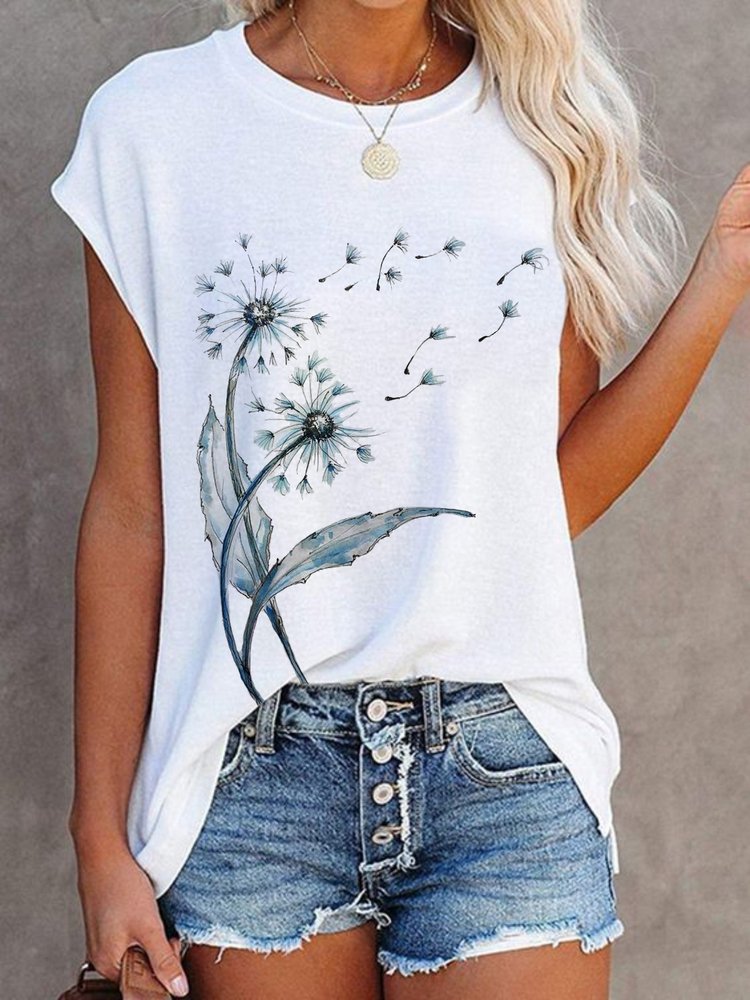 Casual Dandelion Short Sleeve Round Neck Printed Top T-Shirt  WZ115