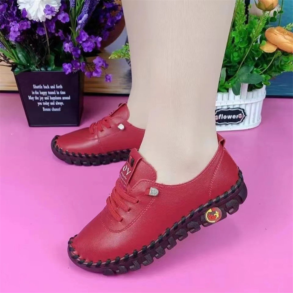 Women's Handmade Flat Sneakers, Solid Color Soft Sole Lace Up Non Slip Low Top Shoes, Casual Faux Leather Shoes SE1031