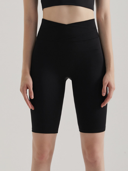 Cross waist color matching fitness pants women&#x27;s high elastic quick-drying breathable sports pants five-point pants bottoming yoga pants shorts  QN117