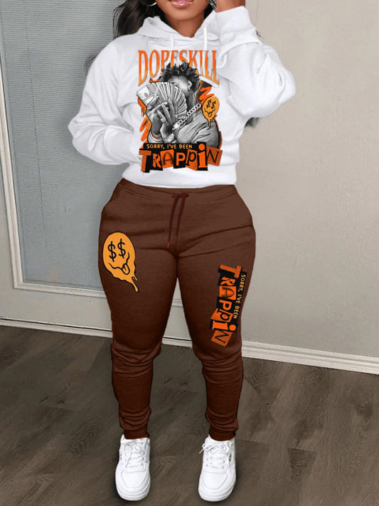 Plus Size Money Letter Print Kangaroo Pocket Tracksuit Set AR3022