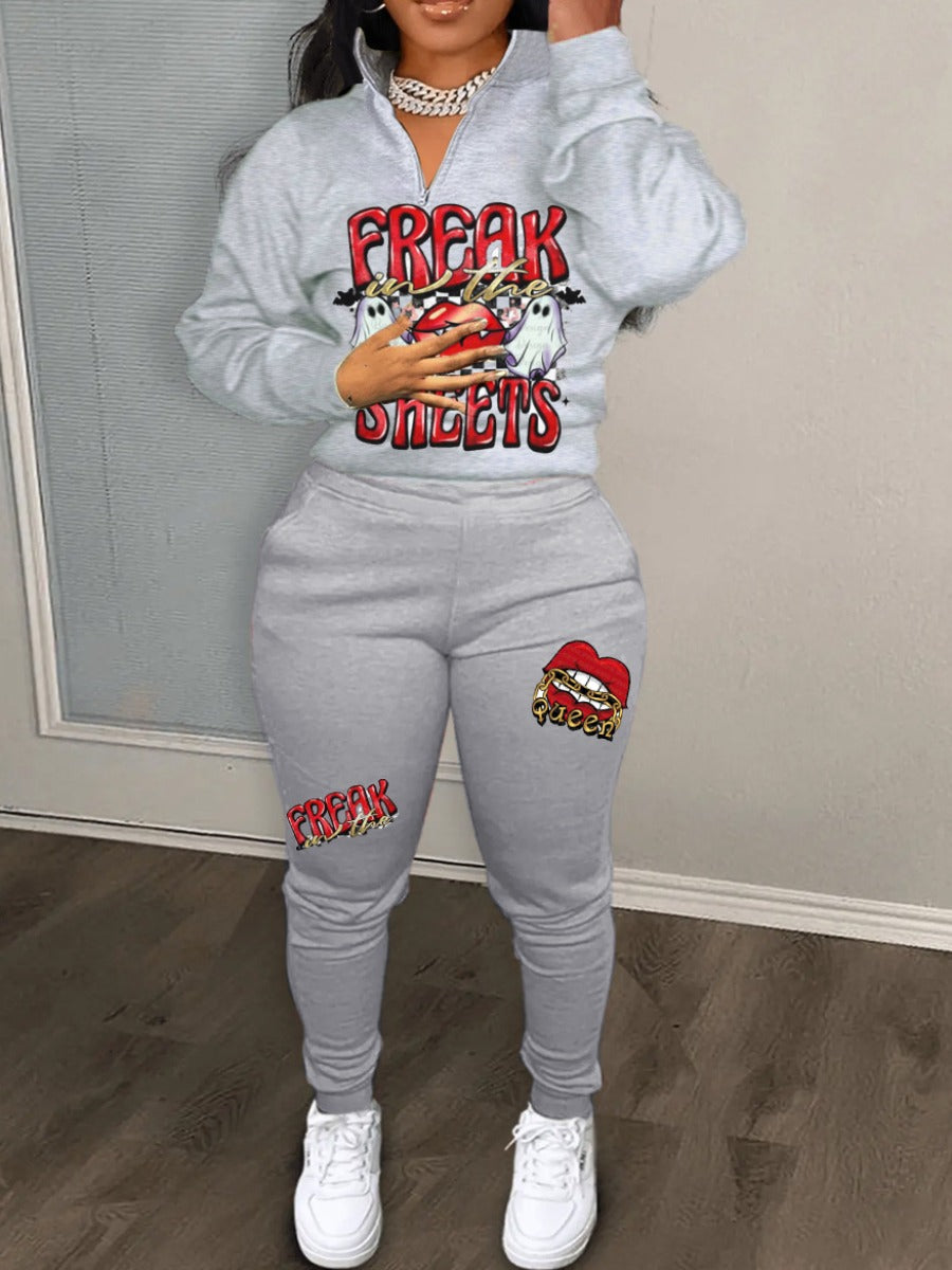 Plus Size Letter Print Zipper Design Pants Set AT9021