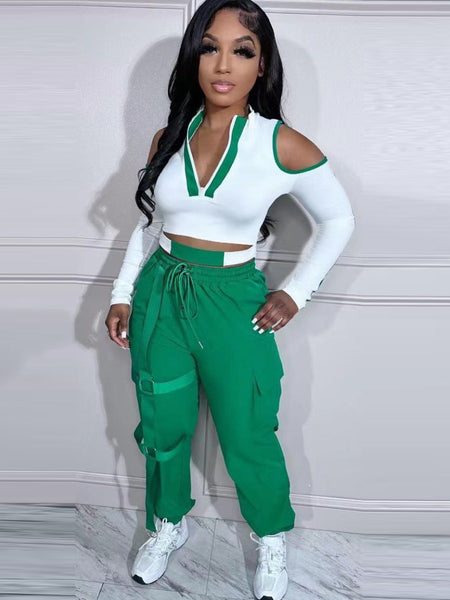 Cut Out Drawstring Side Pocket Pants Set BO5054 Furdela