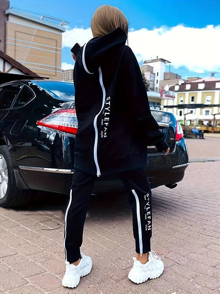 Zipper Back Drop Shoulder Hoodie & Elastic Waist Casual Pants Outfits FY8741 Furdela