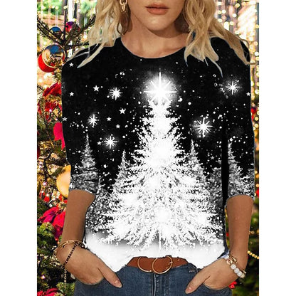 Women's T shirt Tee Green Black Blue Christmas Tree Print Long Sleeve Christmas Weekend Basic Round Neck Regular Floral Painting S PC105