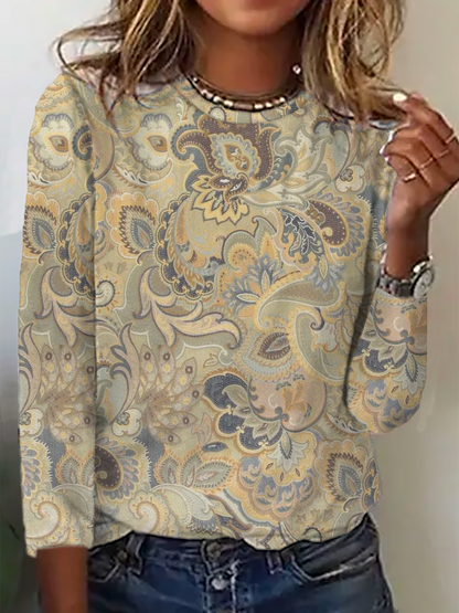 Casual Paisley Autumn Micro-Elasticity Jersey Long sleeve Crew Neck Regular Regular T-shirt for Women QAL45