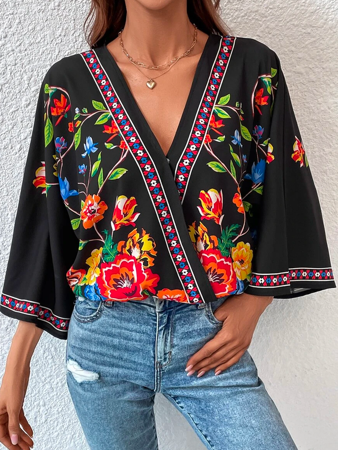 V Neck Boho Ethnic Loose Floral Blouse OU8