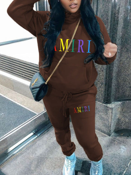 Plus Size Letter Print Kangaroo Pocket Tracksuit Set AT9055