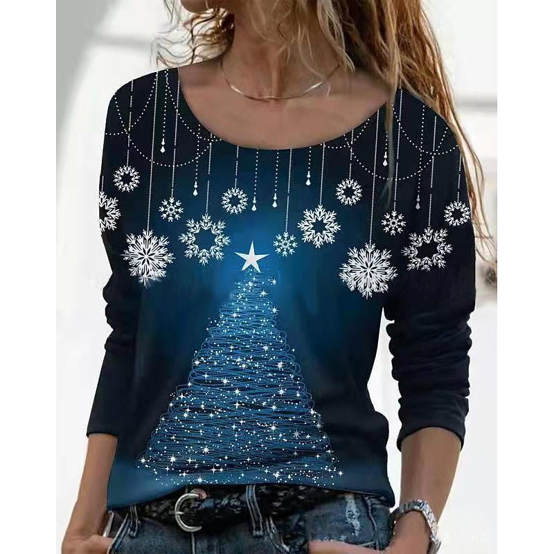 Women's T shirt Tee Green Blue Purple Christmas Tree Snowflake Print Long Sleeve Christmas Weekend Basic Round Neck Regular Painting S PC93