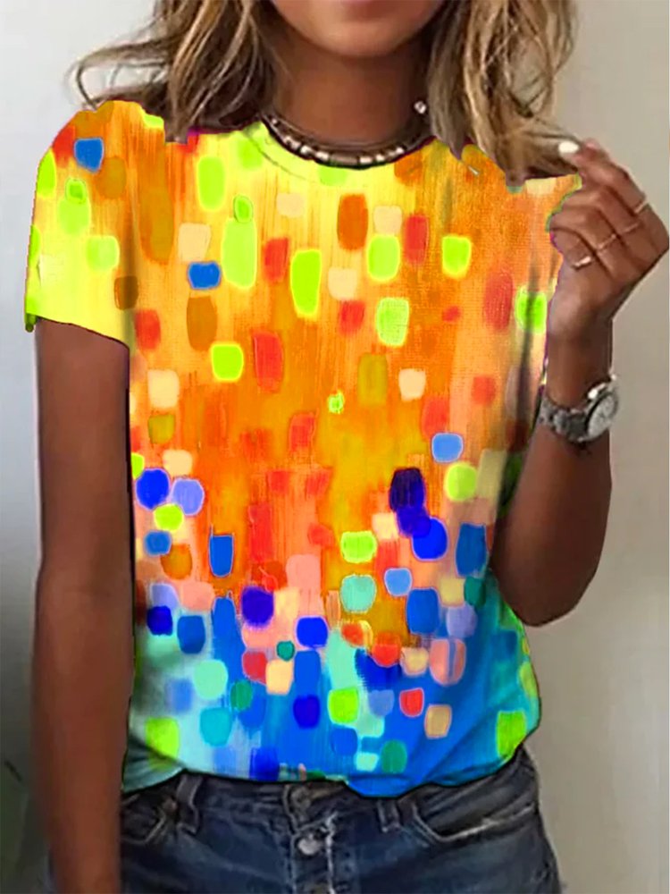 Crew Neck Casual Ombre Loose Rainbow Dot Short Sleeve T-Shirt  cc193