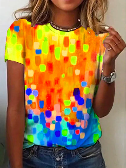 Crew Neck Casual Ombre Loose Rainbow Dot Short Sleeve T-Shirt  cc193