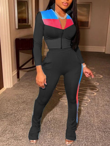 BASICS Zipper DesignPatchwork Skinny Pants Set AT9064