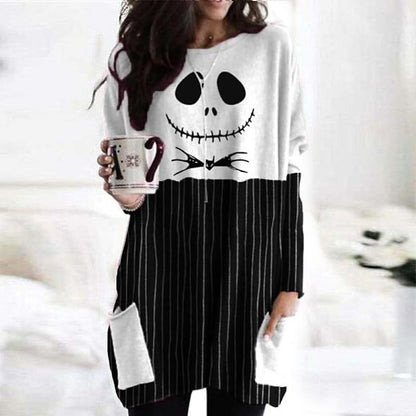 Women's Shirt Striped black striped grey Blue Snowman Pocket Print Long Sleeve Christmas Holiday Casual Round Neck Long M PC98