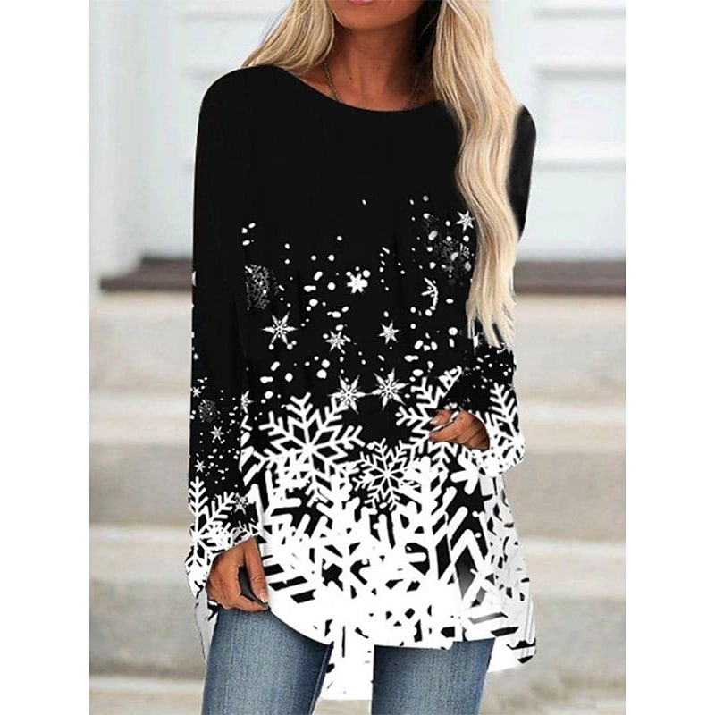 Women's T shirt Tee Tunic Green Black Red Graphic Snowflake Print Long Sleeve Christmas Daily Basic Christmas Round Neck Long S PC68