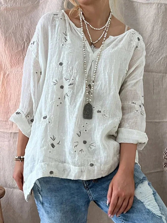 Loose Linen V Neck Floral Shirt AA10