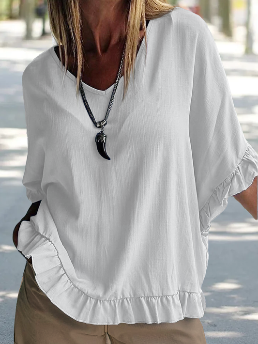 V Neck Loose Cotton And Linen Linen Shirt AA13