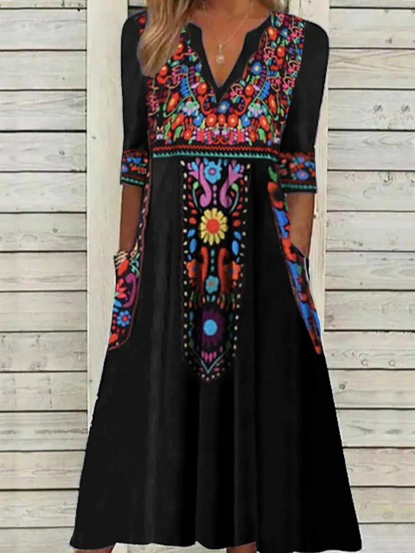 Women's V Neck Boho Regular Fit Dress AT1009