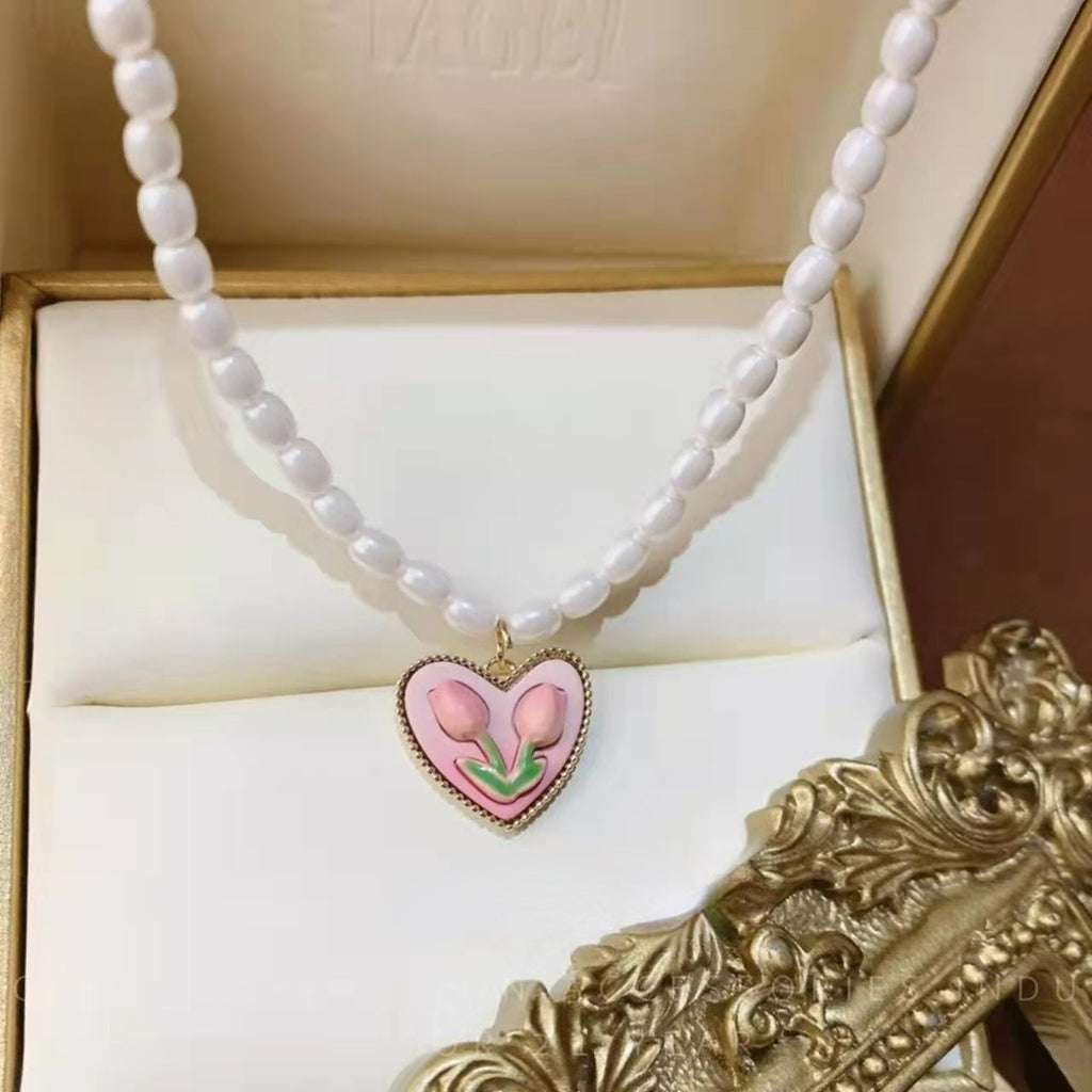 Pearl tulip heart temperament clavicle chain earrings - Furdela