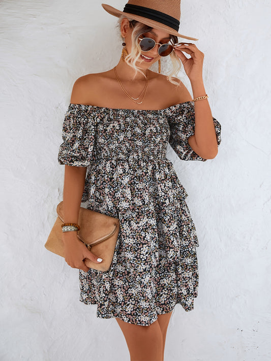 Floral Print Squared Neck Short Sleeve Dress, Bohemian Layered High Waist Dress, Women's Clothing AE1015