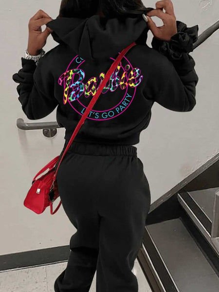 Plus Size Letter Print Kangaroo Pocket Hoodie BO2172