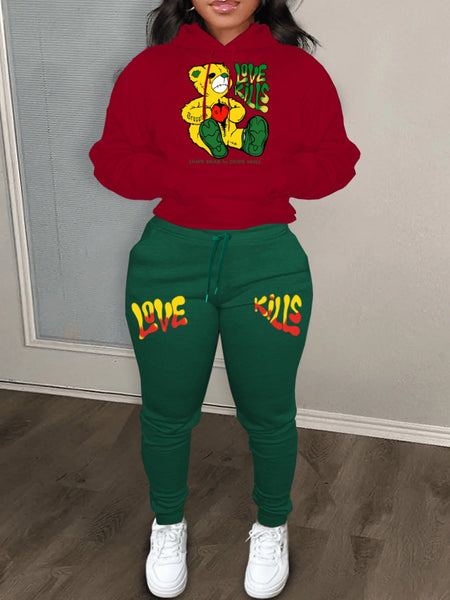 Plus Size Teddy Bear Letter Print Kangaroo Pocket Tracksuit Set AT9045