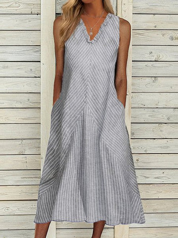 Casual Regular Fit Striped V Neck Short Sleeve women Dress  WE96