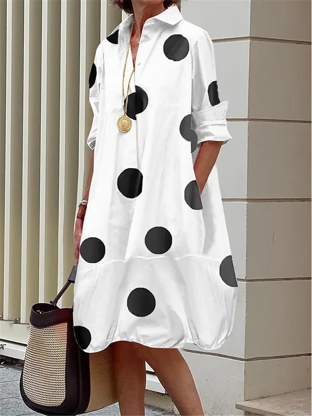 Polka Dots Loose Casual Shawl Collar Dress F4161