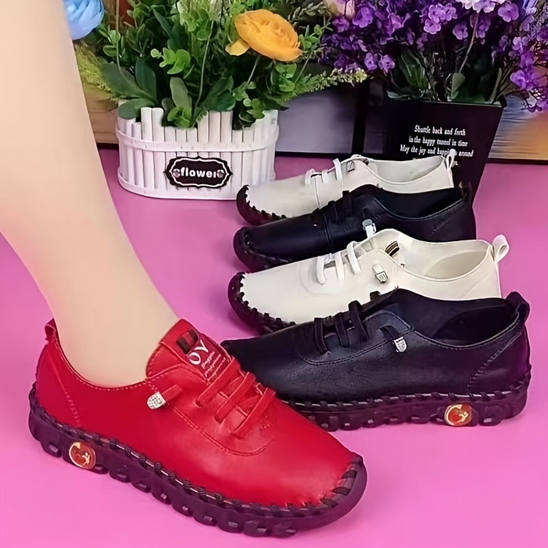 Women's Handmade Flat Sneakers, Solid Color Soft Sole Lace Up Non Slip Low Top Shoes, Casual Faux Leather Shoes SE1031