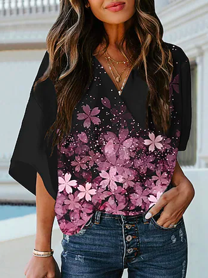 Crew Neck Loose Floral Boho Blouse OU57