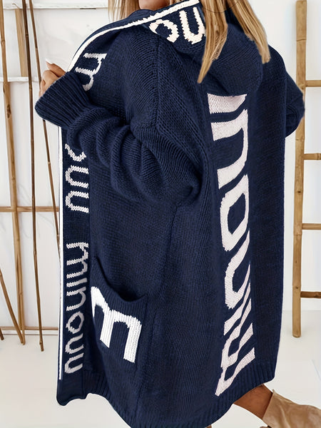 Letter Print Waterfall Collar Knit Cardigan ET8214 Furdela