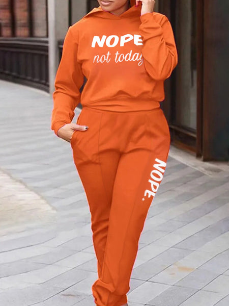 BASICS Plus Size Hooded Collar Letter Print Pants Set BO5069 Furdela