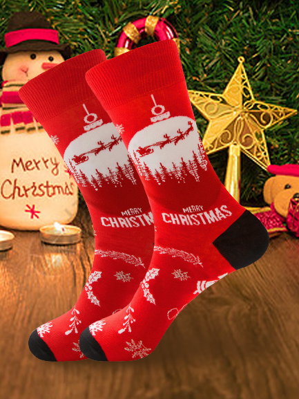 Christmas Cotton Jacquard Santa, Elk, Snowflake Pattern Socks, Festive Matching Red Socks PJ8 - Furdela