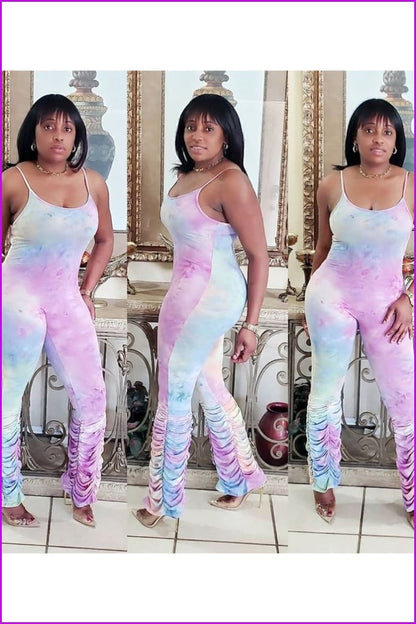 Fashion Ruched Bottom Tie Dye JumpsuitDE971 - Furdela