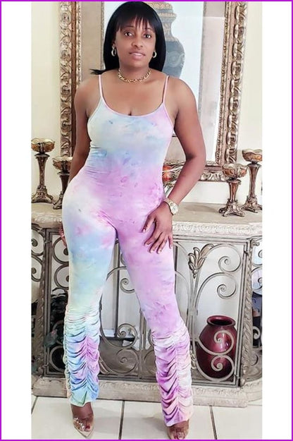 Fashion Ruched Bottom Tie Dye JumpsuitDE971 - Furdela