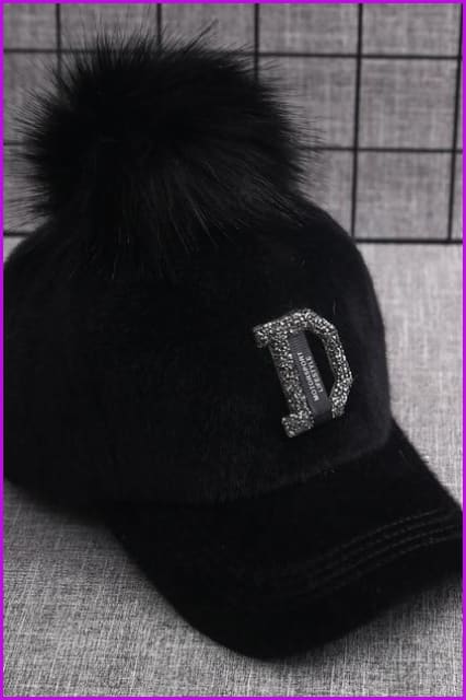 Fashion Water Drill Letter D Fur Ball Baseball Cap F1459 - Furdela