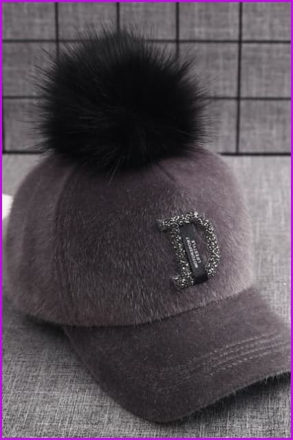 Fashion Water Drill Letter D Fur Ball Baseball Cap F1459 - Furdela