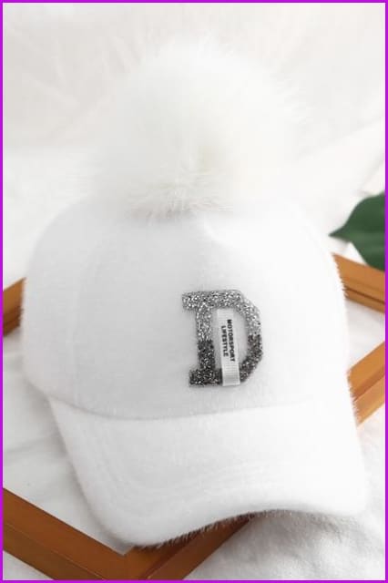 Fashion Water Drill Letter D Fur Ball Baseball Cap F1459 - Furdela