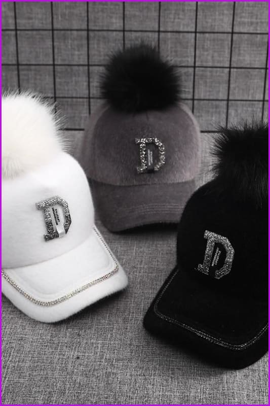 Fashion Water Drill Letter D Fur Ball Baseball Cap F1459 - Furdela