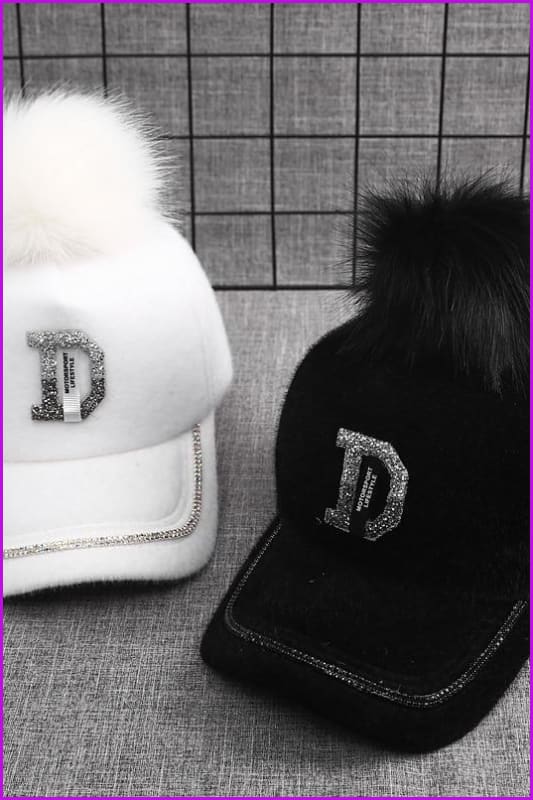 Fashion Water Drill Letter D Fur Ball Baseball Cap F1459 - Furdela