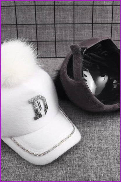 Fashion Water Drill Letter D Fur Ball Baseball Cap F1459 - Furdela