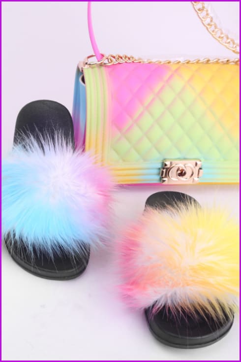 Faux Fake Big Fur Slides & Candy Bag Set B - Furdela