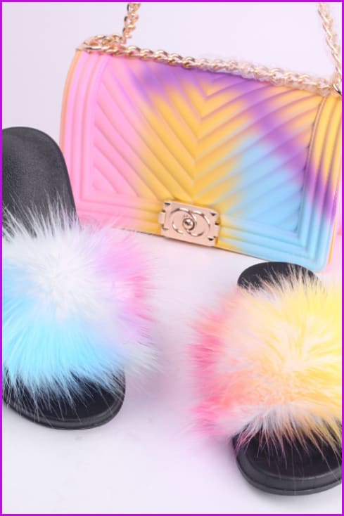 Faux Fake Big Fur Slides & Candy Bag Set H - Furdela