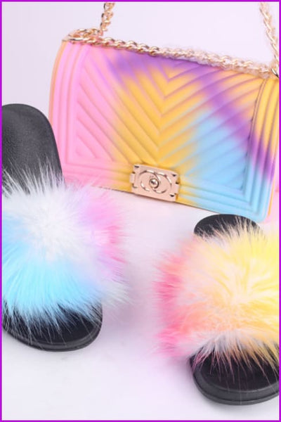 Faux Fake Big Fur Slides & Candy Bag Set H - Furdela