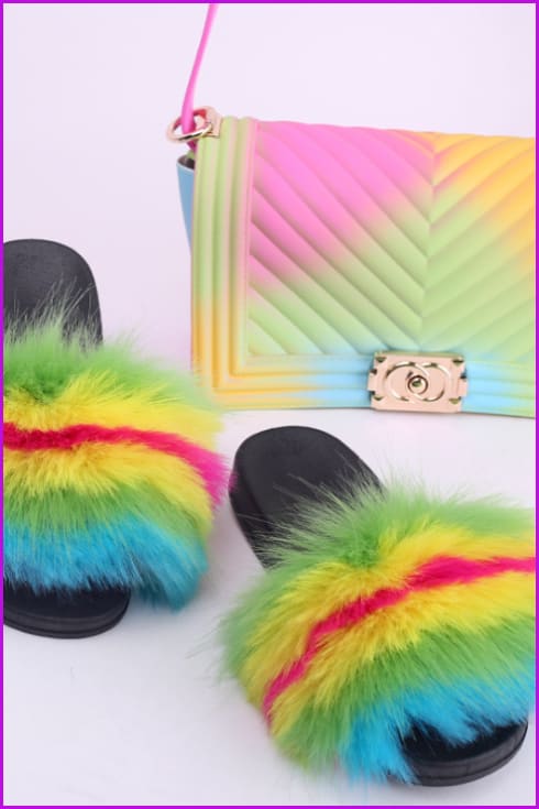 Faux Fake Fur Slides #4 & Candy Bag Set J - Furdela