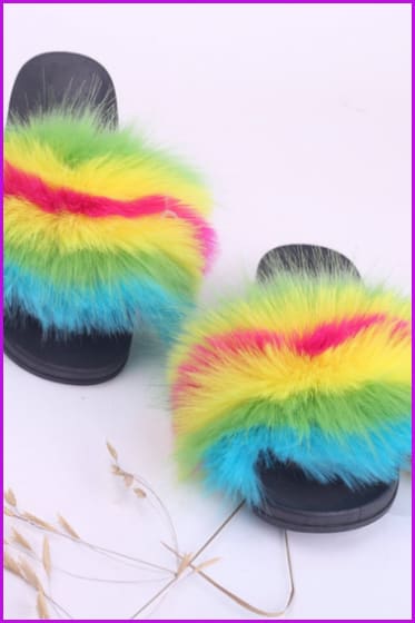 Faux Fake Green Yellow Pink Blue Fur Slides #4 F153 - Furdela