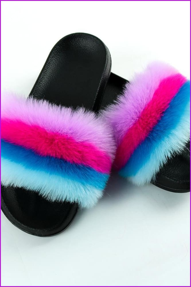 Faux Fake Purple Pink Navy Blue Fur Slides #6 F153 - Furdela