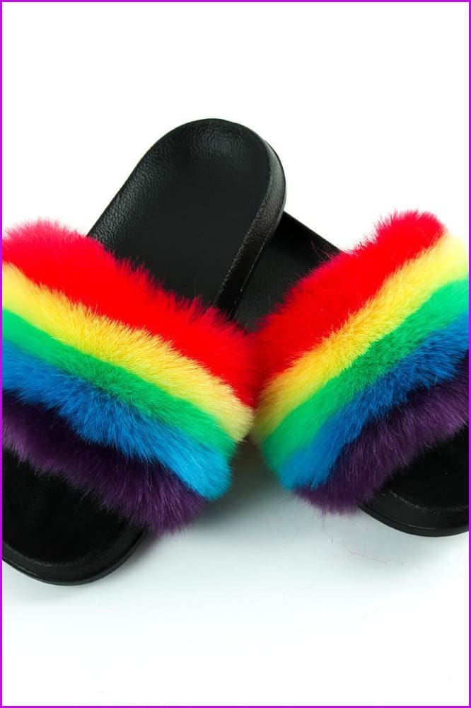 Faux Fake Rainbow Color Fur Slides F153 - Furdela
