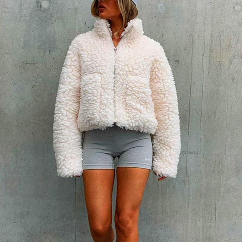 Faux Lamb Fuzzy Cropped Jacket Coat - Furdela